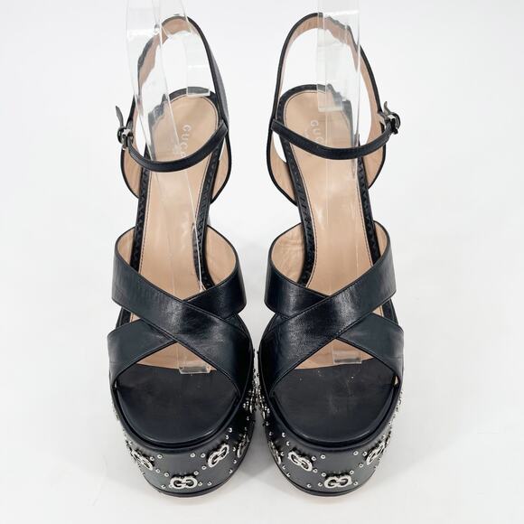 Gucci Janaya Black Leather Studded GG Platform Ankle Strap High Heel Sandals 39 - Picture 5 of 12